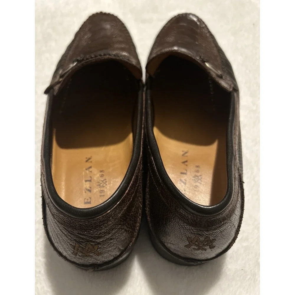 Mezlan Vesta Ostrich Leg and Woven Calfskin Moc Toe Bit Strap Loafers Brown 10.5